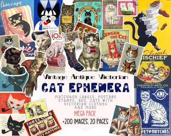 Vintage CAT EPHEMERA Digital Collage Sheet, JPG Files Downloadable Printable, Instant Download Labels Stickers Cards Scrap Planner Fussy Cut