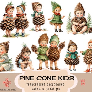 Pine Cone Kids CLIPART file PNG Uso commerciale Sfondo trasparente Baby Boy Girl Forest Wood Gnome Goblin Vintage Retro Junk Journal