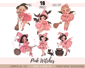 Roze heksen CLIPART png-bestand, Halloween-sublimatie, vintage stijl roze Halloween-heks, schattig klein commercieel gebruik, transparante achtergrond