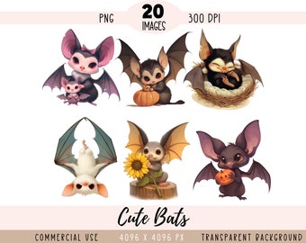 Cute Bats CLIPART PNG files, Halloween Sublimation, Autumn Fall Pumpkin Baby Animal Retro Vintage Commercial use Transparent background