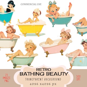 Retro Bathing Woman CLIPART PNG file Uso commerciale Sfondo trasparente Vintage Girl Lady Bubble Bath Tub Bathroom 50s Junk Journal