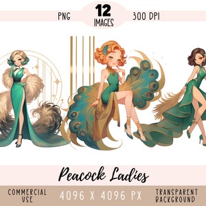 アールデコの女性 CLIPART PNG ファイル 孔雀のドレス ビンテージ デザイン ファッション 衣装 女性 商用利用 透明な背景 ティール ゴールド フラッパー