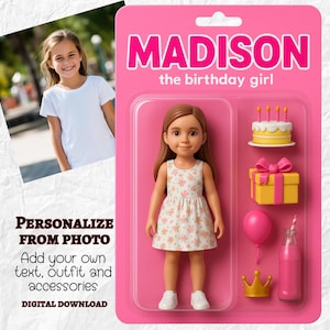 Personalisierte Geburtstagskind in Box, maßgeschneiderte Action-Figur Spielzeug vom Foto persönliche Wandkunst mit Namen und Zubehör Einzigartiges Poster Kind 3D