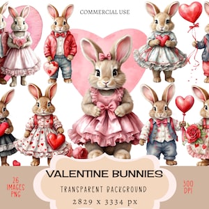 Valentine Bunnies CLIPART PNG Datei Kommerzielle Nutzung Transparenter Hintergrund Süßes Kaninchen Paar Ballon Kleid Freundin Liebe Herz Junk Journal