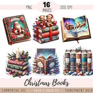 Christmas Books CLIPART PNG files, Kids Book Sublimation, Santa, Book Stack, Reading Read Bookworm,  Commercial use, Transparent background