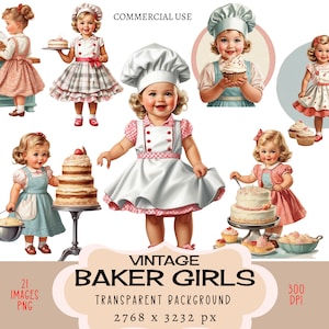 Bäcker Mädchen CLIPART PNG Dateien Kommerzielle Nutzung Transparenter Hintergrund Vintage Retro Backen Kochen Küche Little Cute Cup Cake Junk Journal
