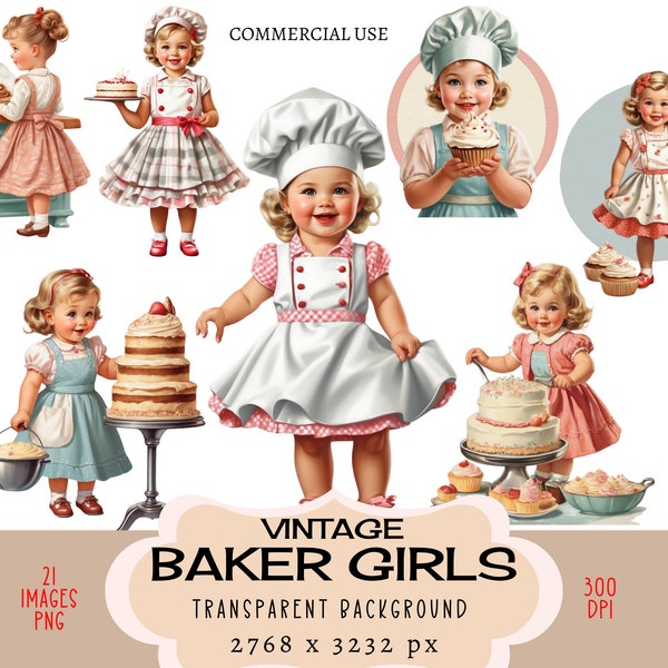 Baker Girls CLIPART PNG files Commercial use Transparent background Vintage Retro Baking Cooking Kitchen Little Cute Cup Cake Junk Journal