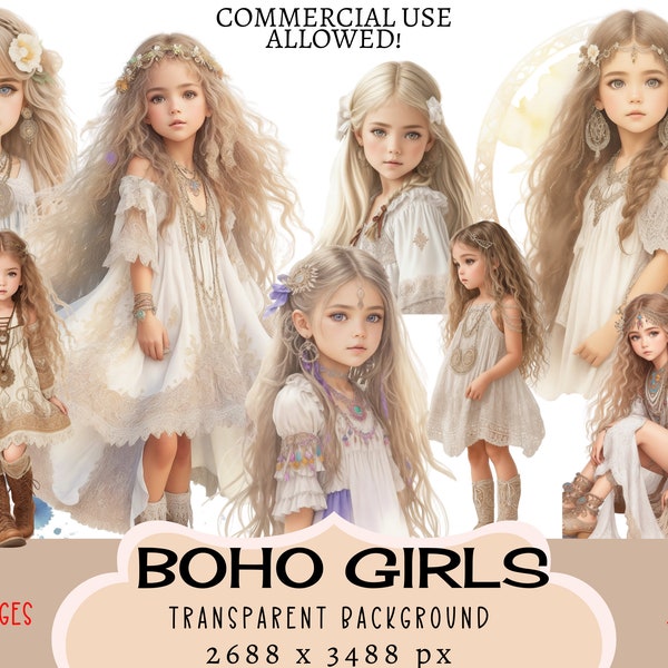 Boho Girls CLIPART PNG files, Commercial use, Transparent background, Cute Little Kids Gypsy Dress Bohemian Shabby Chic Vintage Junk Journal