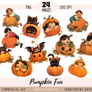 Puede incluir: Una colección de ilustraciones de Halloween de estilo vintage con bebés, murciélagos y gatos dentro de calabazas talladas. Las calabazas son naranjas con tallos verdes, y las ilustraciones tienen una estética retro. También se incluye el texto "Pumpkin Fun".