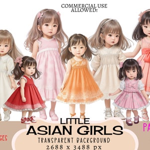 Little Asian Girls CLIPART archivos PNG Uso comercial Fondo transparente Vestido de verano Traje de moda Pegatinas Planificador de diario basura