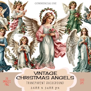 Vintage Christmas Angels CLIPART PNG Files Uso commerciale, Sfondo trasparente, Cute Kid Bambino Bambino Cherubino Agrifoglio Fiore Croce Candela Gatto