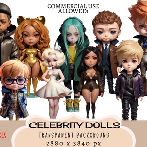 Celebrity Dolls CLIPART PNG Files, Commercial use, Transparent background Hollywood Stars Actors Artists Singers Famous Celebs Junk Journal