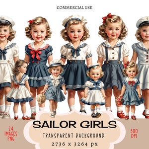 Archivos PNG CLIPART de Sailor Girls, Uso comercial, Fondo transparente, Vestido retro vintage, Atuendo náutico para niños pequeños, Diario basura