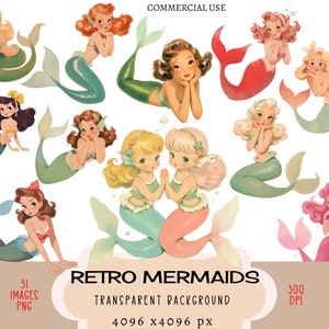 Retro Mermaids CLIPART PNG pliki Komercyjne użycie Przezroczyste tło Vintage 50s Dziewczyny Siostry Bliźniaczki Podwodne Ocean Morze MCM Junk Journal