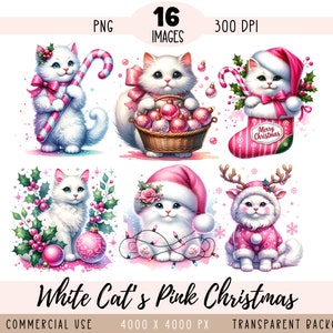 Fichiers PNG CLIPART pour animal de compagnie de Noël rose, sublimation de chat blanc, chaton festif bonnet de noel, ornement d'arbre usage commercial, fond Transparent