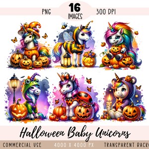 Halloween-Baby-Einhörner CLIPART PNG-Dateien, Kürbiskostüm-Sublimation, niedliche Hummel-Marienkäfer-Hexe Kommerzielle Nutzung mit transparentem Hintergrund