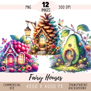 Fairy Houses CLIPART PNG-bestanden, paddenstoelenhuis sublimatie, kokosnoot Fruit Berry Woodland Garden Fairy commercieel gebruik transparante achtergrond