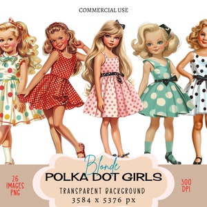 Fichiers PNG CLIPART pour filles blondes à pois Usage commercial Fond transparent vintage Robe rétro Mode Mignon petit jeune Junk Journal