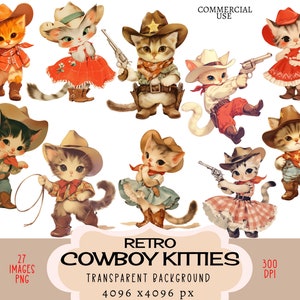 Fichiers PNG CLIPART de cow-boy, cow-girl, usage commercial, fond transparent, rétro vintage, chaton, kitty, lasso, pistolet, revolver, 50s, indésirable, journal