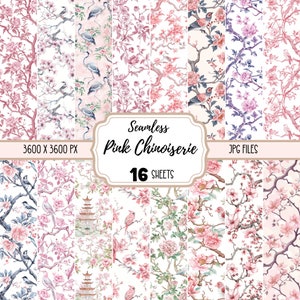 May include: A digital paper pack with 16 seamless patterns featuring pink chinoiserie designs. The patterns include birds, flowers, and branches in a watercolor style. The text "Seamless Pink Chinoiserie 16 Sheets" is displayed on the image. The patterns are 3600 x 3600 pixels and are in JPG format.
