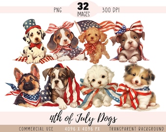 Fichiers PNG CLIPART chiens 4 juillet, chiot patriotique, chiot drapeau américain, usage commercial, fond transparent