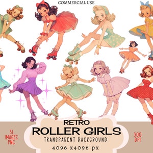 Fichiers PNG CLIPART de filles de patinage à roulettes rétro à usage commercial Fond transparent vintage Skate femme années 50 couleurs pastel robe Junk Journal