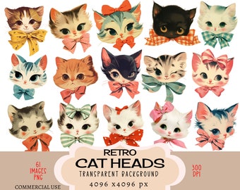 Retro Katzen Köpfe CLIPART PNG Dateien Kommerzielle Nutzung Transparenter Hintergrund Vintage Kitten Kitty Tabby Bow 50er Jahre Weiß Schwarz Grau Junk Journal DIY