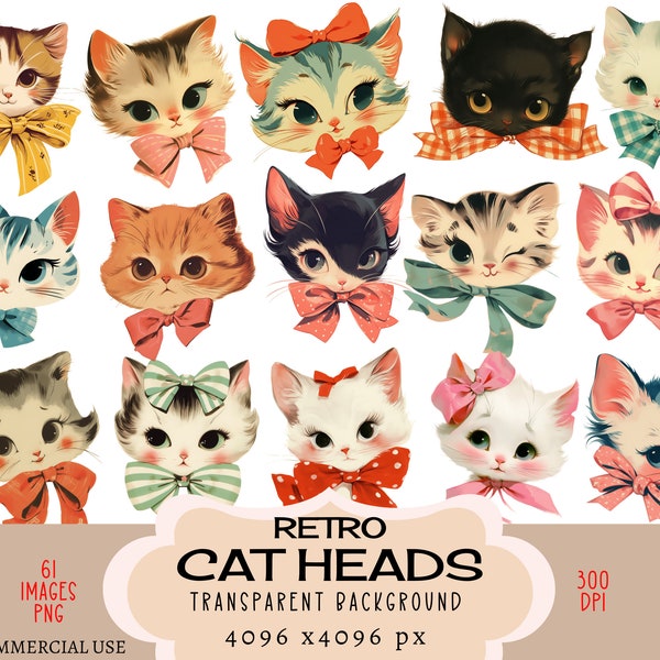Retro Cat Heads CLIPART PNG files Commercial use Transparent background Vintage Kitten Kitty Tabby Bow 50s White Black Gray Junk Journal DIY