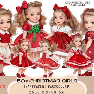 50s Vintage Christmas Girls CLIPART PNG archivos Uso comercial Fondo transparente Lindo pequeño vestido de fiesta rojo Vacaciones de invierno Diario basura