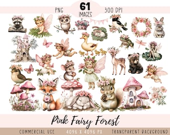 Fichiers PNG CLIPART forêt fée rose, animaux de la forêt, maison de fée champignon amanite, usage commercial, fond Transparent