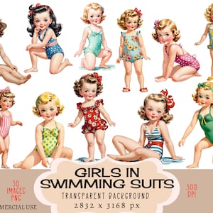 Costume da bagno ragazze CLIPART file PNG Uso commerciale Sfondo trasparente Vintage Retro Bikini Beach Water Swimming Bathing Summer Junk Journal