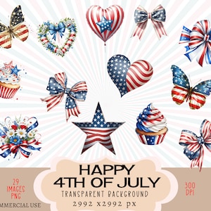 Könnte beinhalten: Ein Set mit 29 digitalen Bildern mit rot-weiß-blauen patriotischen Grafiken zum 4. Juli. Die Grafiken umfassen Sterne, Herzen, Schleifen, Schmetterlinge, Cupcakes und Kränze. Die Bilder haben einen transparenten Hintergrund und eine Auflösung von 300 DPI.