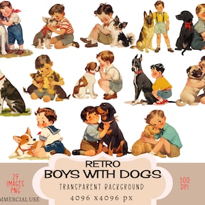 Boys With Dogs CLIPART PNG-bestanden commercieel gebruik transparante achtergrond vintage retro puppy ras rottweiler schnauzer corgi mopshond junk Journal