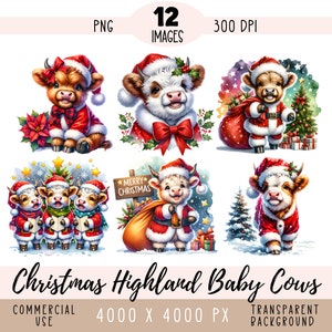 File PNG CLIPART di Christmas Highland Baby Cow, sublimazione di mucca carina, vitello acquerello, Caroler Santa Uso commerciale Sfondo trasparente