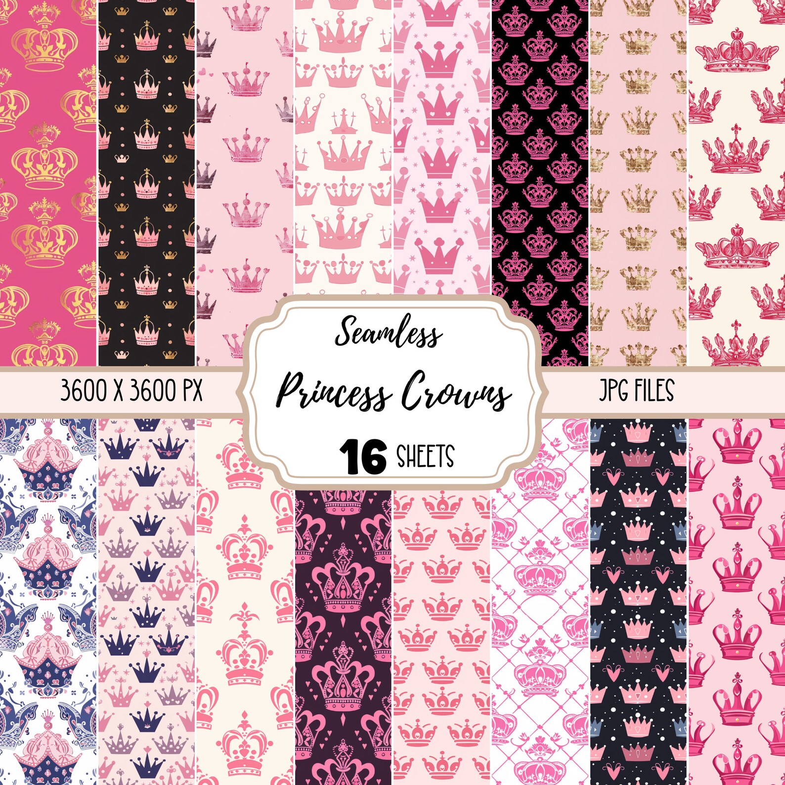 Princess Backing Paper Princess Crowns Pattern Digital Papers JPG, Seamless Crafting Paper ...