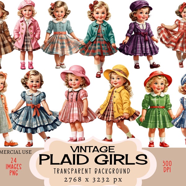 Vintage Plaid Girls CLIPART PNG files Commercial use Transparent background Retro Little Cute Dress Checkered Fashion Toddler Junk Journal