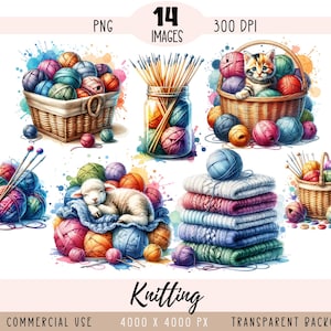 Stricken CLIPART PNG-Dateien, Wollknäuel Sublimation, Hand Craft Pullover Kätzchen Lammwolle Strickkorb Kommerzielle Nutzung Transparenter Hintergrund