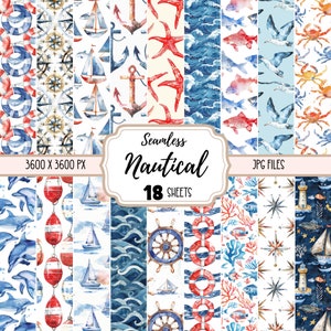 Nautische Muster Digitale Papiere JPG, Nahtloses Bastelpapier, kommerzielle Nutzung, herunterladbarer Hintergrund, Sea Ocean Maritime Anchor Wallpaper
