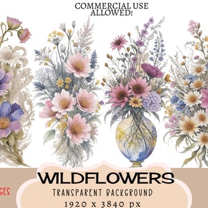Wildflowers CLIPART PNG files, Commercial use Transparent background Bouquets Meadow Flowers Summer Spring Arrangement Stickers Junk Journal