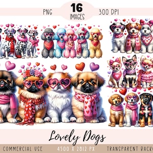 Chiens en ligne CLIPART fichiers PNG, sublimation de chiot pékinois, chien de la Saint-Valentin avec des lunettes en forme de coeur, usage commercial, fond transparent