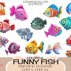 Poissons drôles CLIPART fichiers PNG Usage commercial Fond transparent Fantaisie colorée sous l'eau Mer océan Autocollants nautiques Journal indésirable