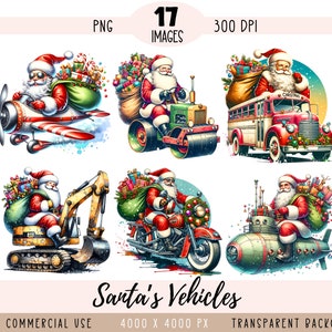 Arquivo PNG de CLIPART de veículo de Papai Noel, sublimação de Natal, aquarela, caminhão, scooter, helicóptero, avião, uso comercial, fundo transparente