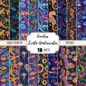 Exotic Underwater Pattern Digital Papers JPG, Seamless Crafting Paper, Commercial use, Downloadable Background, Colorful Seahorse Wallpaper