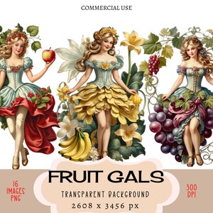 Fruit Girl Fairy CLIPART PNG Archivos Uso comercial, Fondo transparente Vegetal Manzana Uvas Pera Naranja Limón Plátano Calabaza Diario basura
