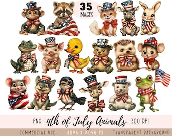 Fichiers PNG CLIPART animaux du 4 juillet, Crocodile patriotique, renard du jour de l'indépendance, utilisation commerciale Fond transparent