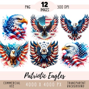 Patriotic Eagle CLIPART PNG files, American Flag Sublimation, USA 4th of July Watercolor Bald Eagle, Commercial use Transparent background