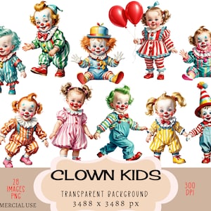 Payaso Niños CLIPART Archivos PNG, Uso comercial Fondo transparente Lindos Niñas Niños Globos de circo Retro Vintage Traje Diario basura