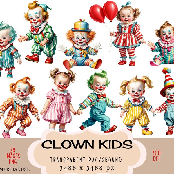Clown Kids CLIPART PNG Files, Commercial use Transparent background Cute Little Girls Boys Circus Balloons Retro Vintage Outfit Junk Journal