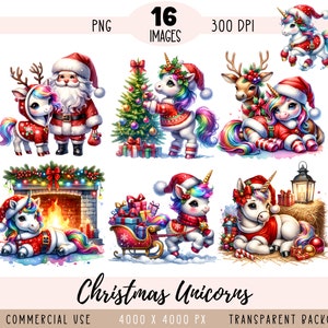 Fichier PNG CLIPART licornes de Noël, sublimation de bébé licorne, père Noël traîneau cheminée renne usage Commercial fond Transparent