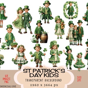 Archivos PNG CLIPART para niños del Día de San Patricio Uso comercial Fondo transparente Vintage Niños pequeños Niñas Trébol Diario basura irlandés